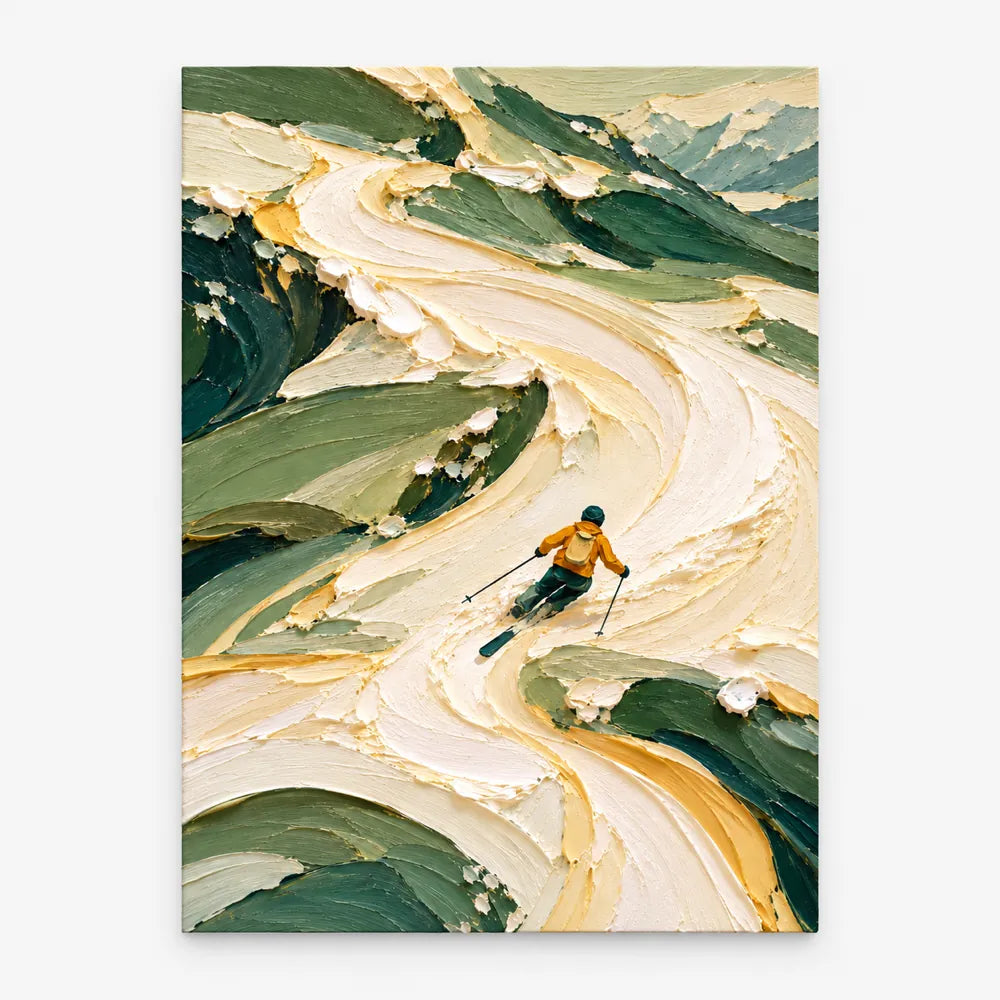Hand-Painted Skier In Mountains Impasto Canvas Art With Green And White Tones