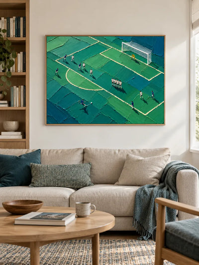 Hand-Painted Soccer Field Impasto Canvas Art With Green And Blue Tones