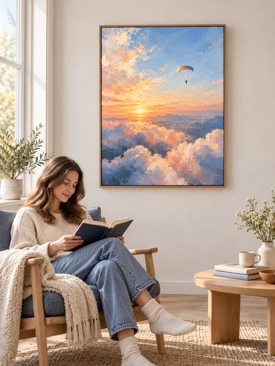 Impressionist Parachuting Canvas Painting With Sunset Sky