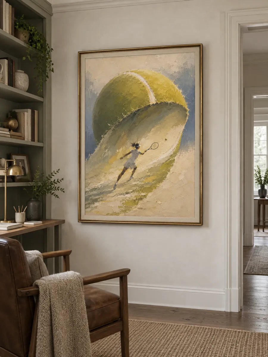 Surreal Tennis Player Painting With Giant Ball Wave Hand-Painted Canvas Art