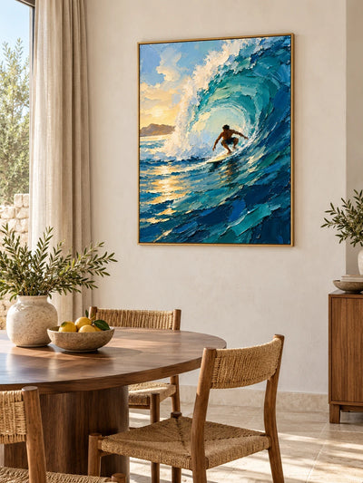 Surfer In Wave Canvas Painting Hand-Painted Impressionist Ocean Art With Gold Light