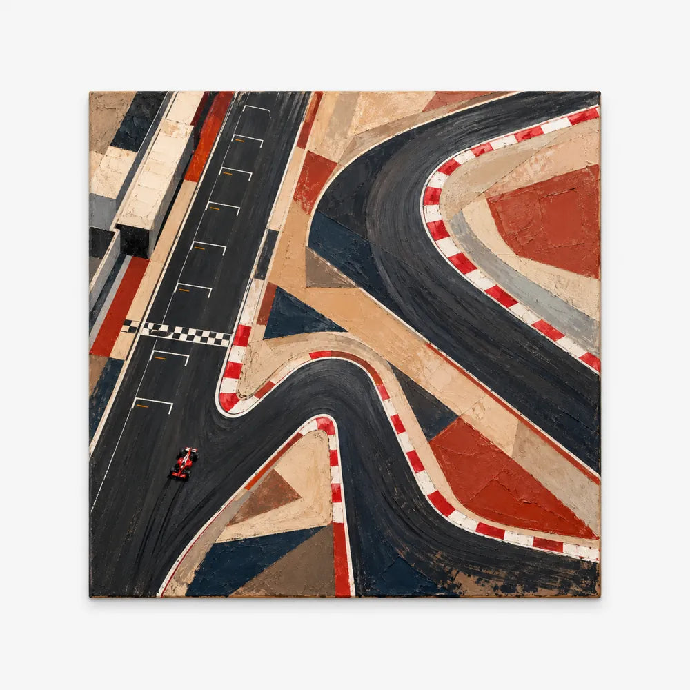 Hand-Painted F1 Racing Track Art With Red And Black Geometric Design