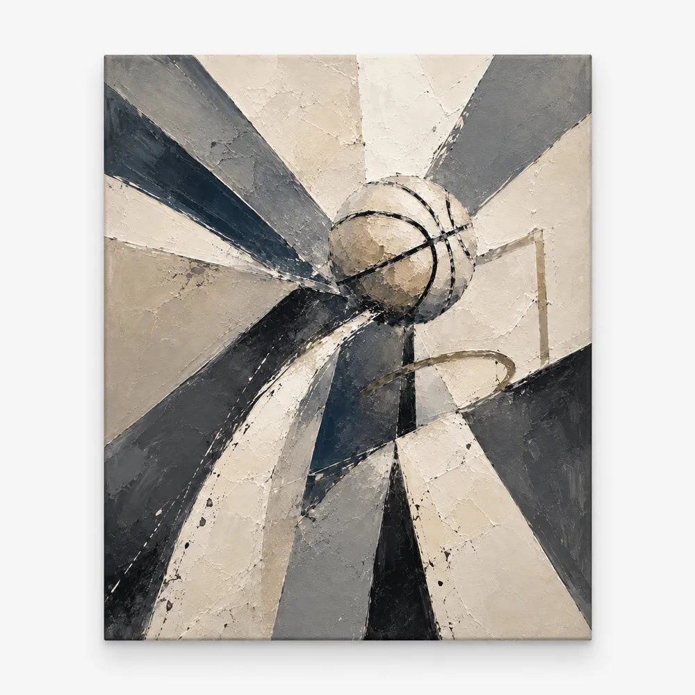 Abstract Basketball Canvas Painting With Geometric Motion In Beige And Black