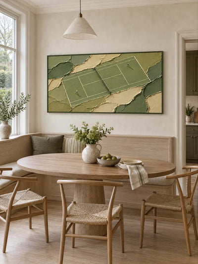 Tennis Match Canvas Painting With Miniature Figures In Green And Beige