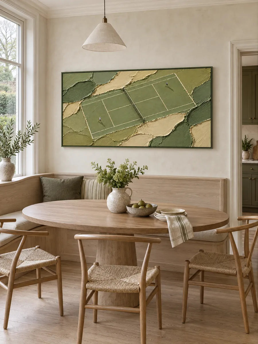 Tennis Match Canvas Painting With Miniature Figures In Green And Beige