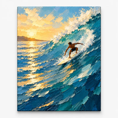 Surfer Riding Wave At Sunset Impressionist Canvas Painting