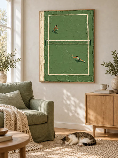 Hand-Painted Volleyball Court Art With Green Impasto Texture For Sports Fans