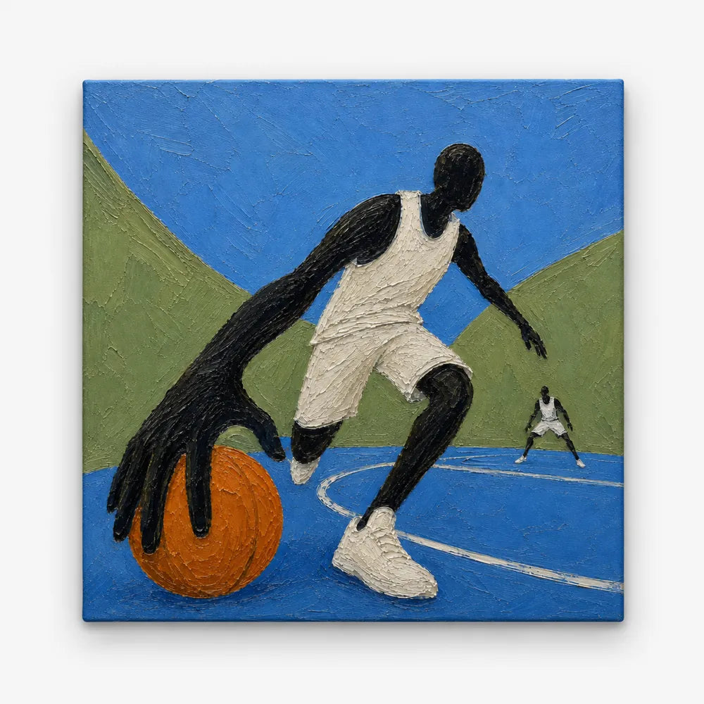 Abstract Basketball Player Canvas Painting With Giant Hand In Blue And Orange