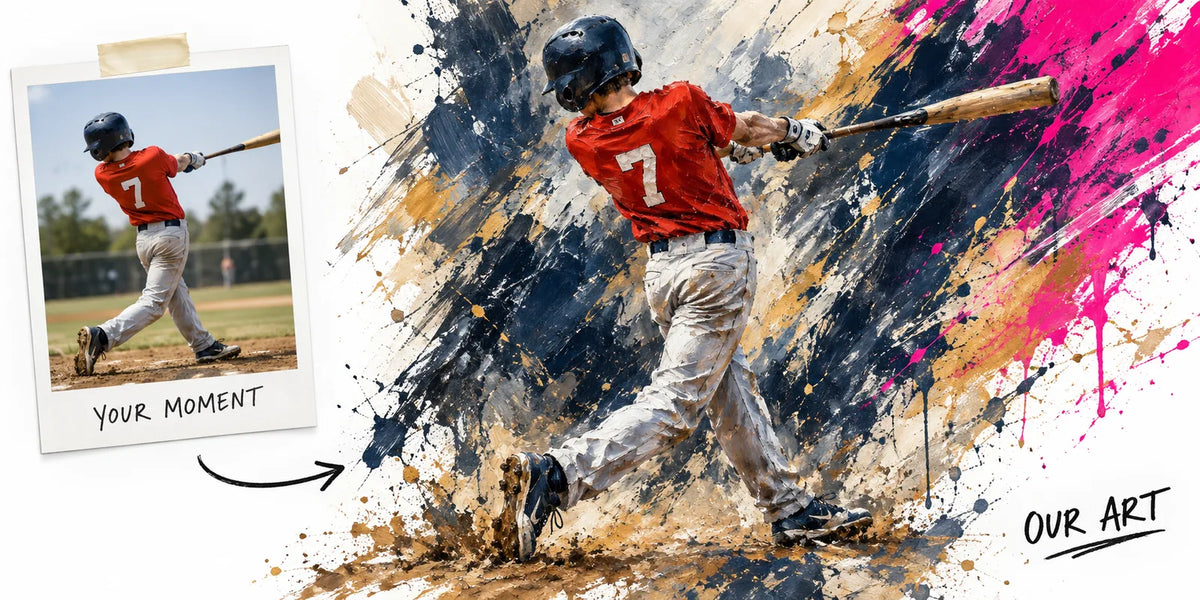 An original baseball photo transformed into expressive hand-painted art