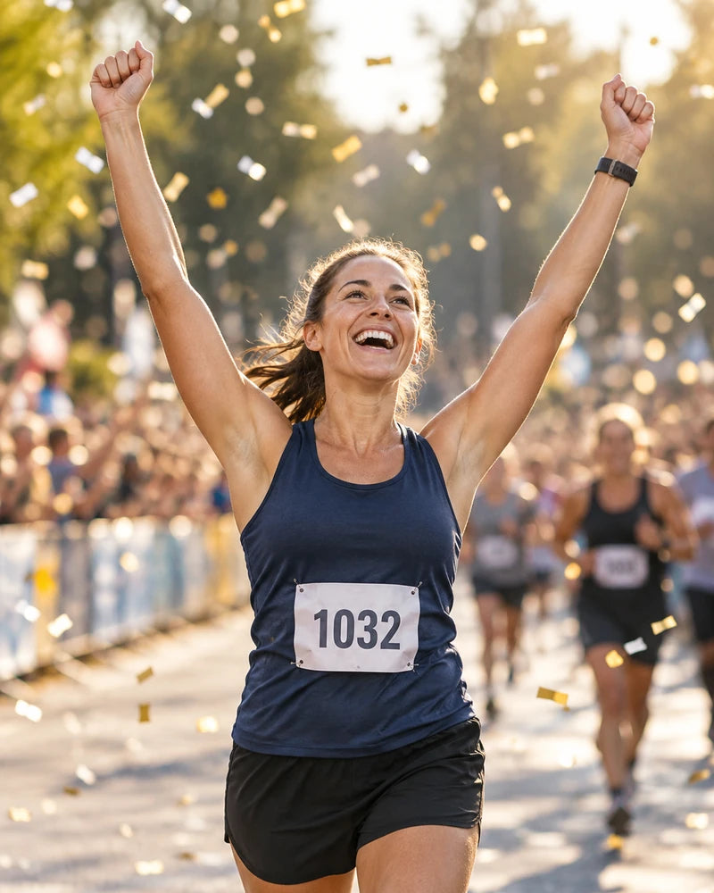 A runner celebrating a personal milestone at the finish line