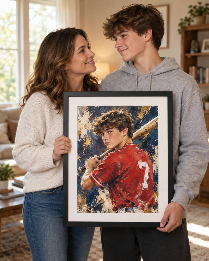 Illustrative scene of a mother and son holding a framed baseball portrait