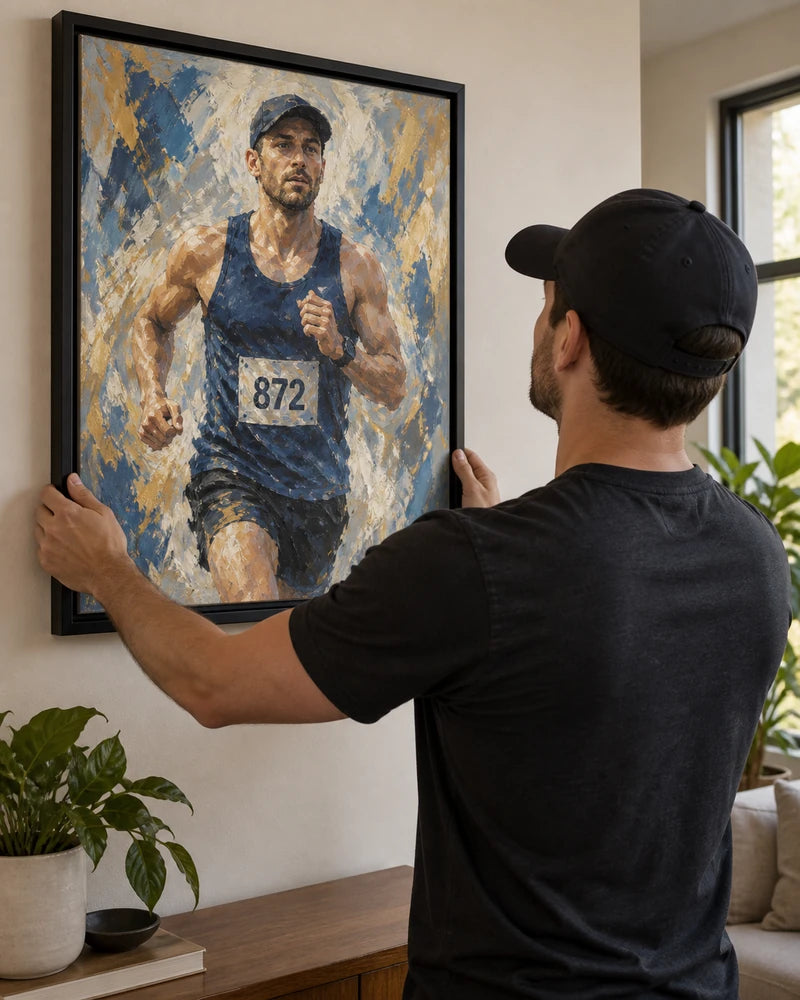 Illustrative scene of a runner admiring his framed marathon artwork