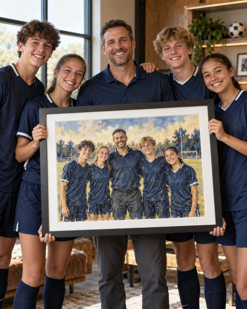 Illustrative scene of a coach and team receiving a framed team portrait