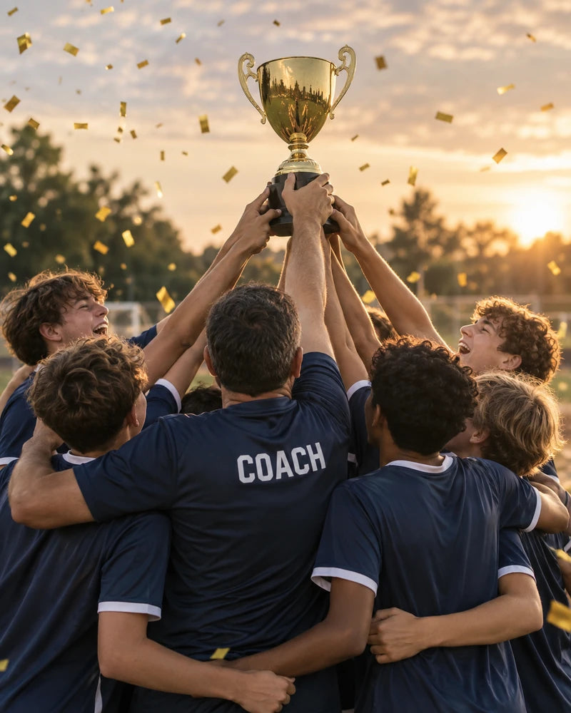 A coach and young teammates lifting a trophy together