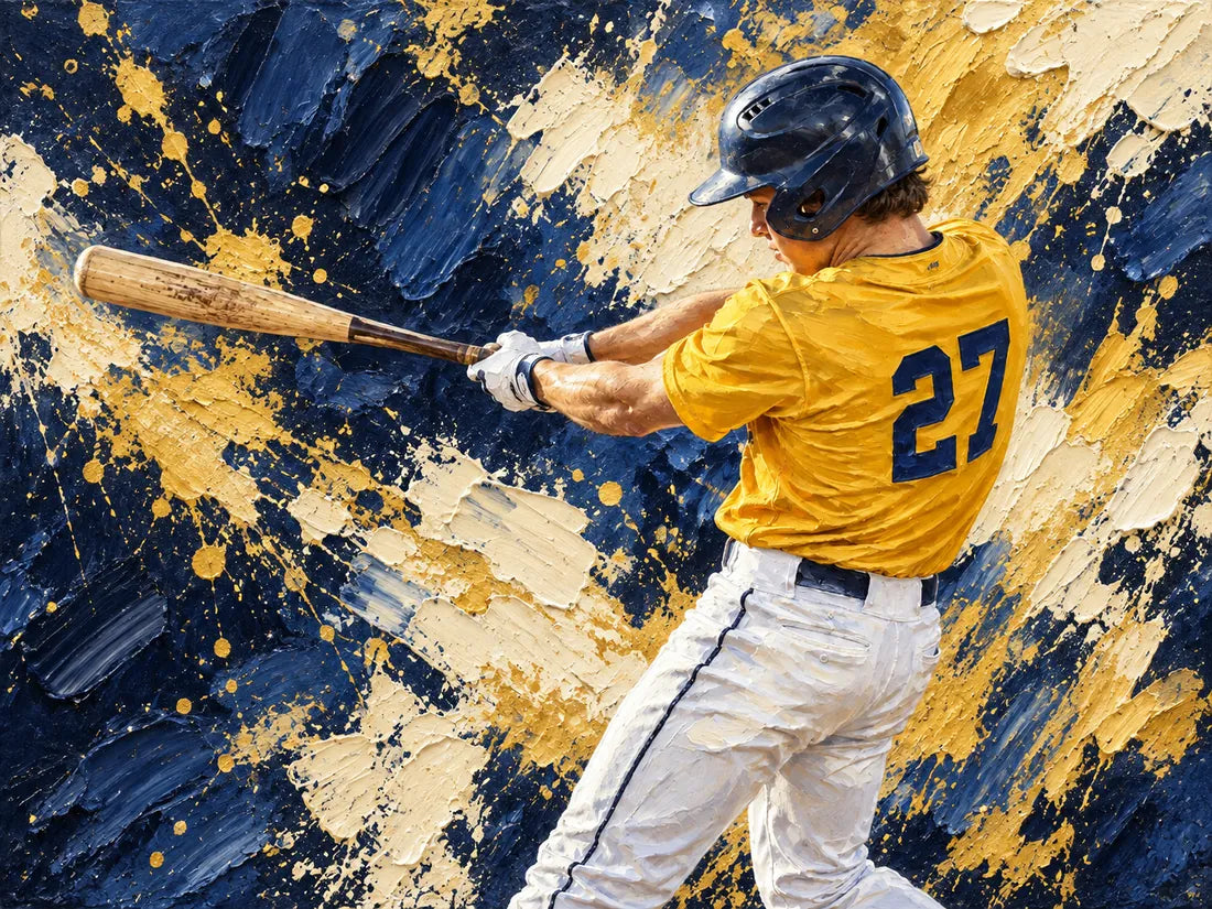 The same yellow-jersey baseball batter transformed into textured navy and gold artwork