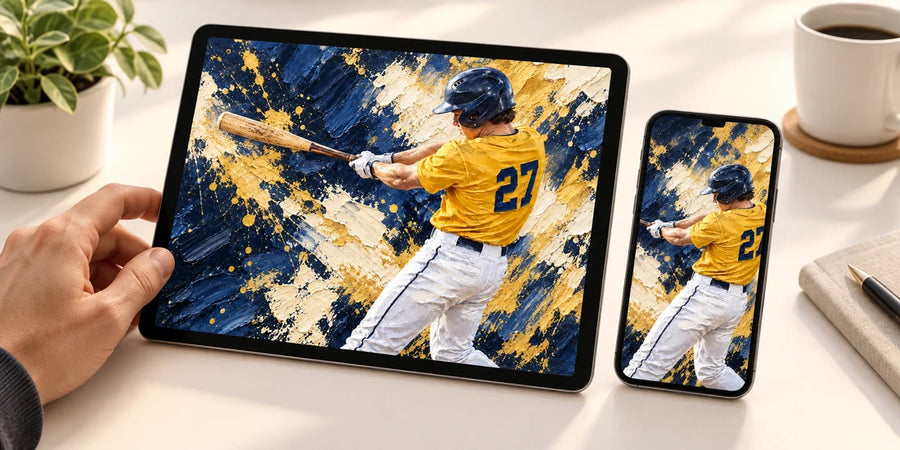 A tablet and phone displaying the completed yellow-jersey baseball artwork for approval