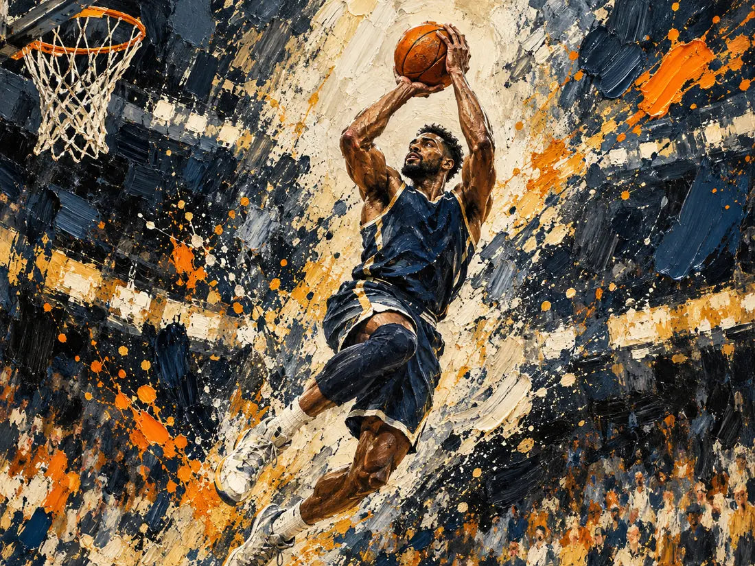Expressive painting of a basketball player reaching toward the hoop