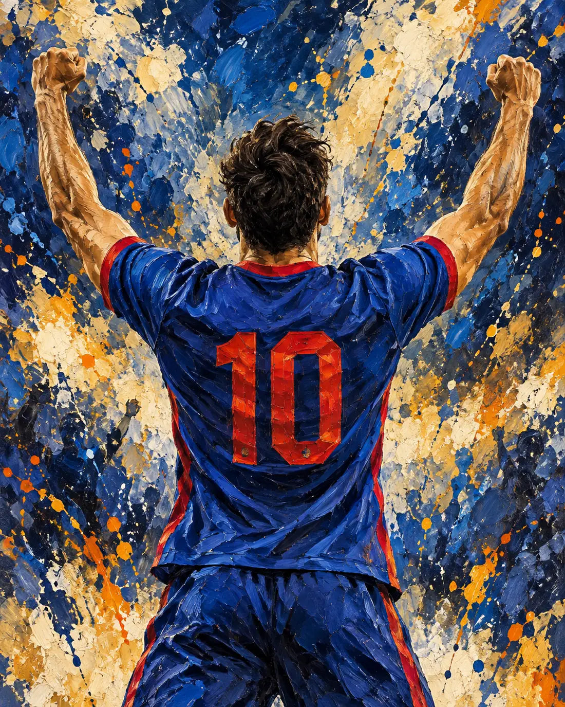Expressive painting of a fictional soccer player in a blue and red jersey celebrating