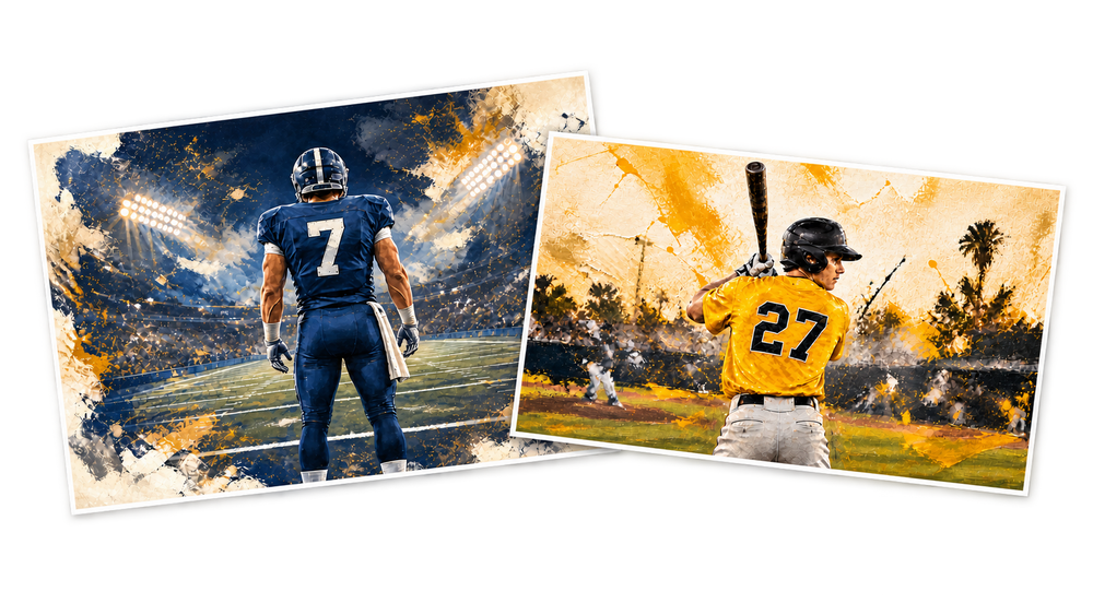Two tilted framed sports artworks on a transparent background