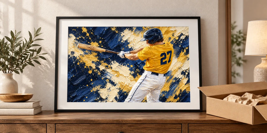 The completed yellow-jersey baseball painting in a black frame beside its delivery box