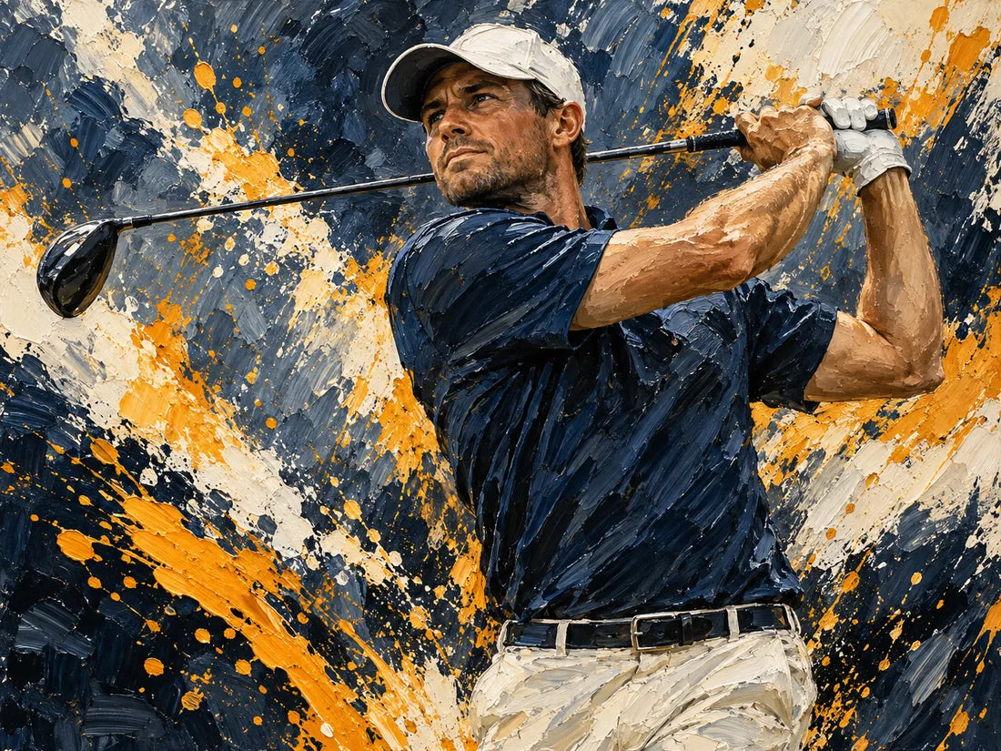 Expressive painting of a golfer in a navy polo and white cap
