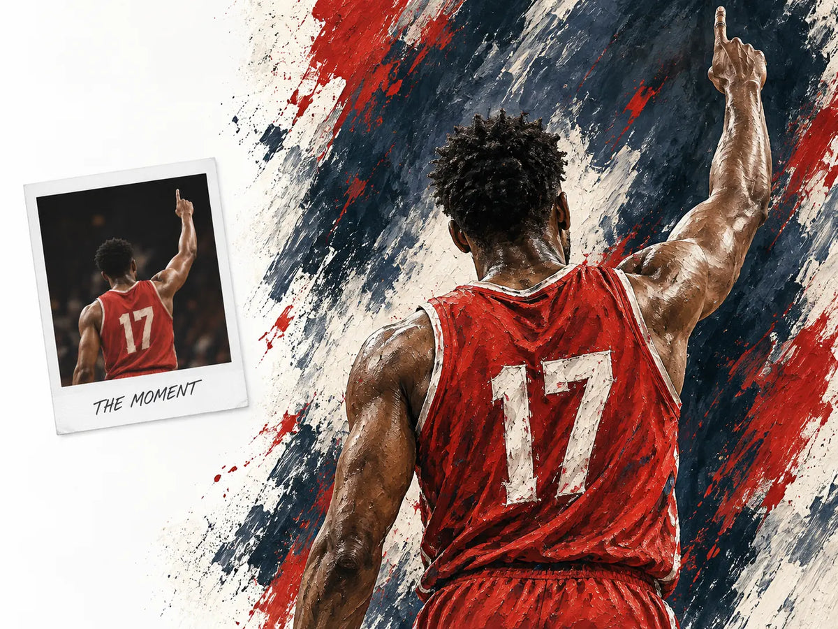 A fictional basketball player in a red jersey shown as a photo and expressive hand-painted artwork