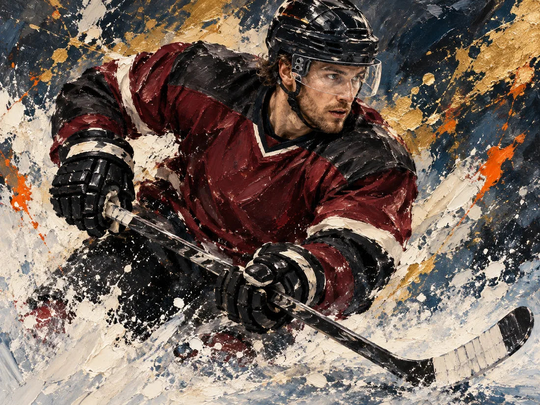 Expressive painting of an ice hockey player in a burgundy and black uniform
