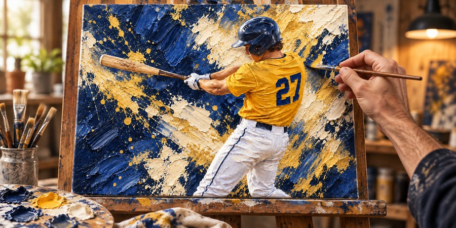 An artist painting the yellow-jersey baseball batter from the original photo