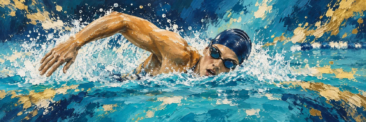 Expressive painting of a swimmer performing freestyle in turquoise water