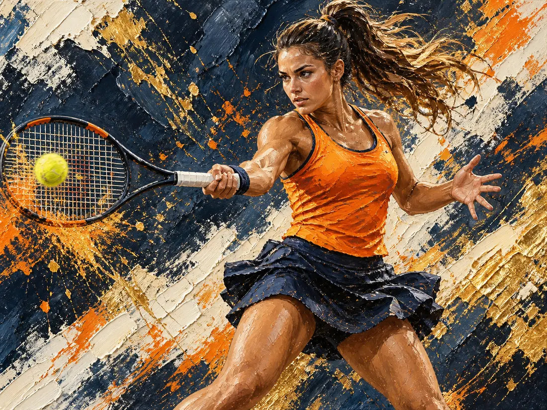 Expressive painting of a tennis player in an orange outfit