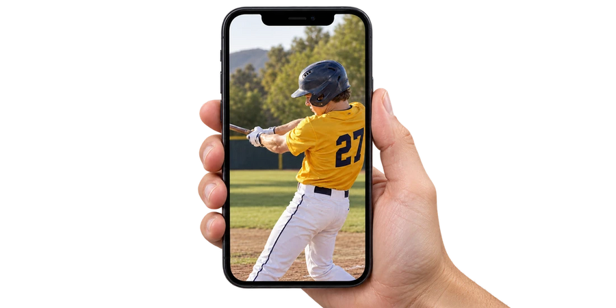 An isolated hand holding a phone with the original yellow-jersey baseball photo