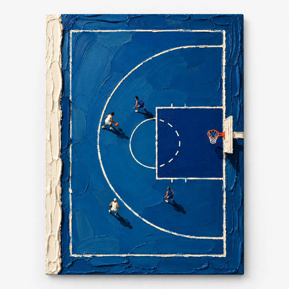 Hand-Painted Basketball Court Canvas Art With Heavy Impasto Texture In Blue And White