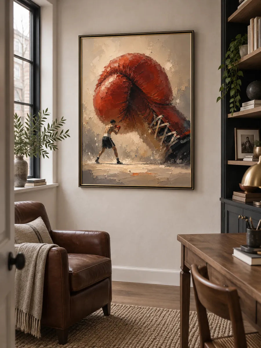 Surreal Boxing Art Canvas Painting With Giant Red Glove For Sports Fans