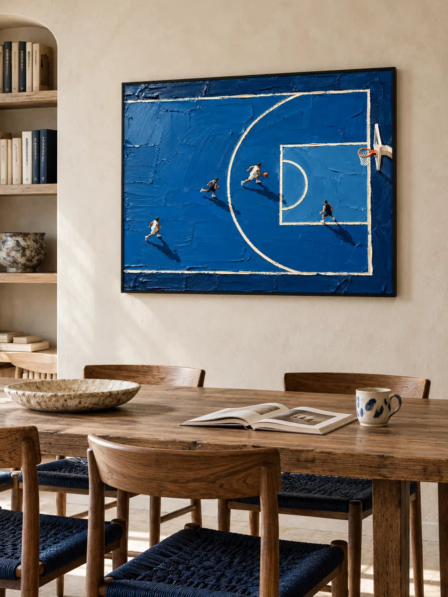 Hand-Painted Basketball Court Art With Impasto Texture And Blue Tones