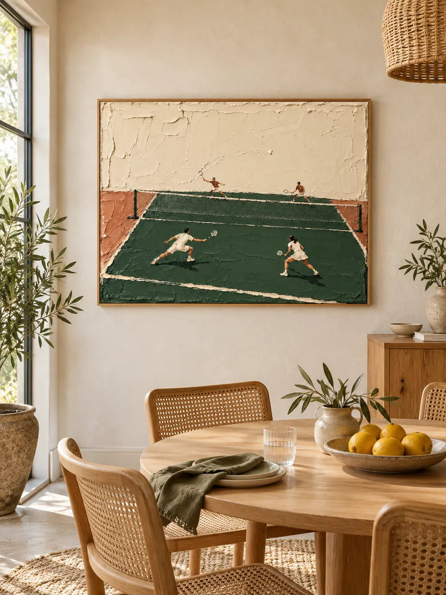 Hand-Painted Badminton Court Art With Impasto Texture In Green And Beige