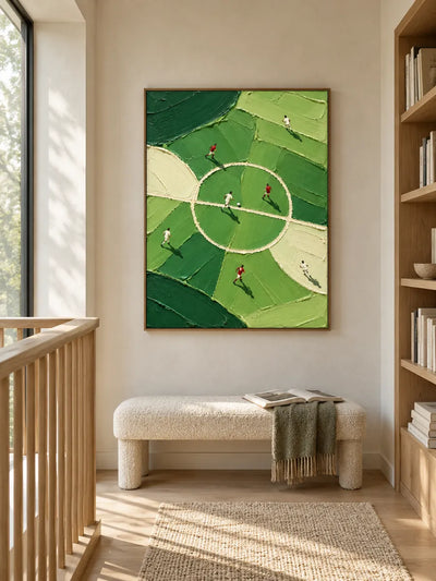 Hand-Painted Football Canvas Art With Green Impasto Texture For Sports Fans