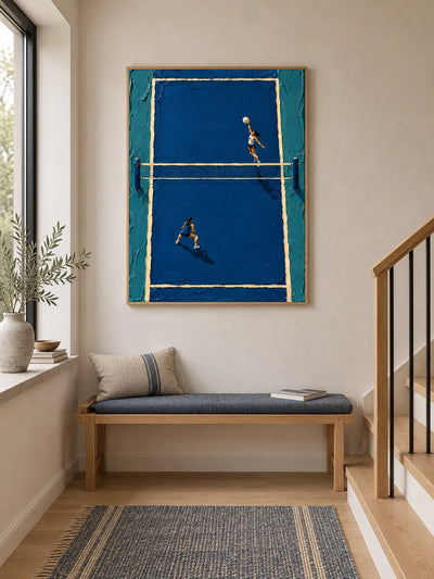 Hand-Painted Volleyball Art With Thick Impasto Blue Canvas Painting