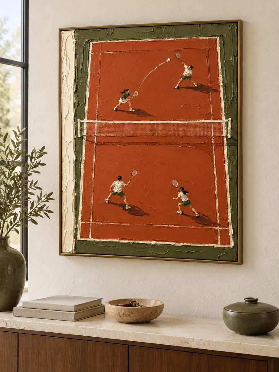 Badminton Match On Clay Court Hand-Painted Canvas Art With Impasto Texture