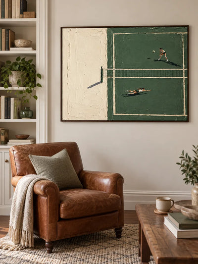 Hand-Painted Sports Art Impasto Green Court Canvas Painting