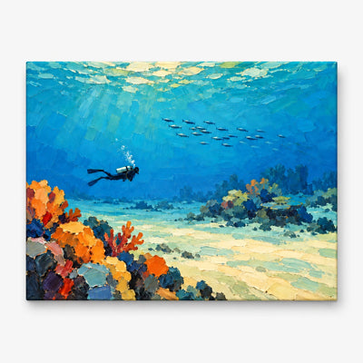 Hand-Painted Scuba Diver Canvas Art With Coral Reef And Fish School In Blue Ocean