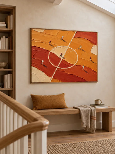 Hand-Painted Soccer Field Canvas Art With Thick Impasto Texture In Orange Tones