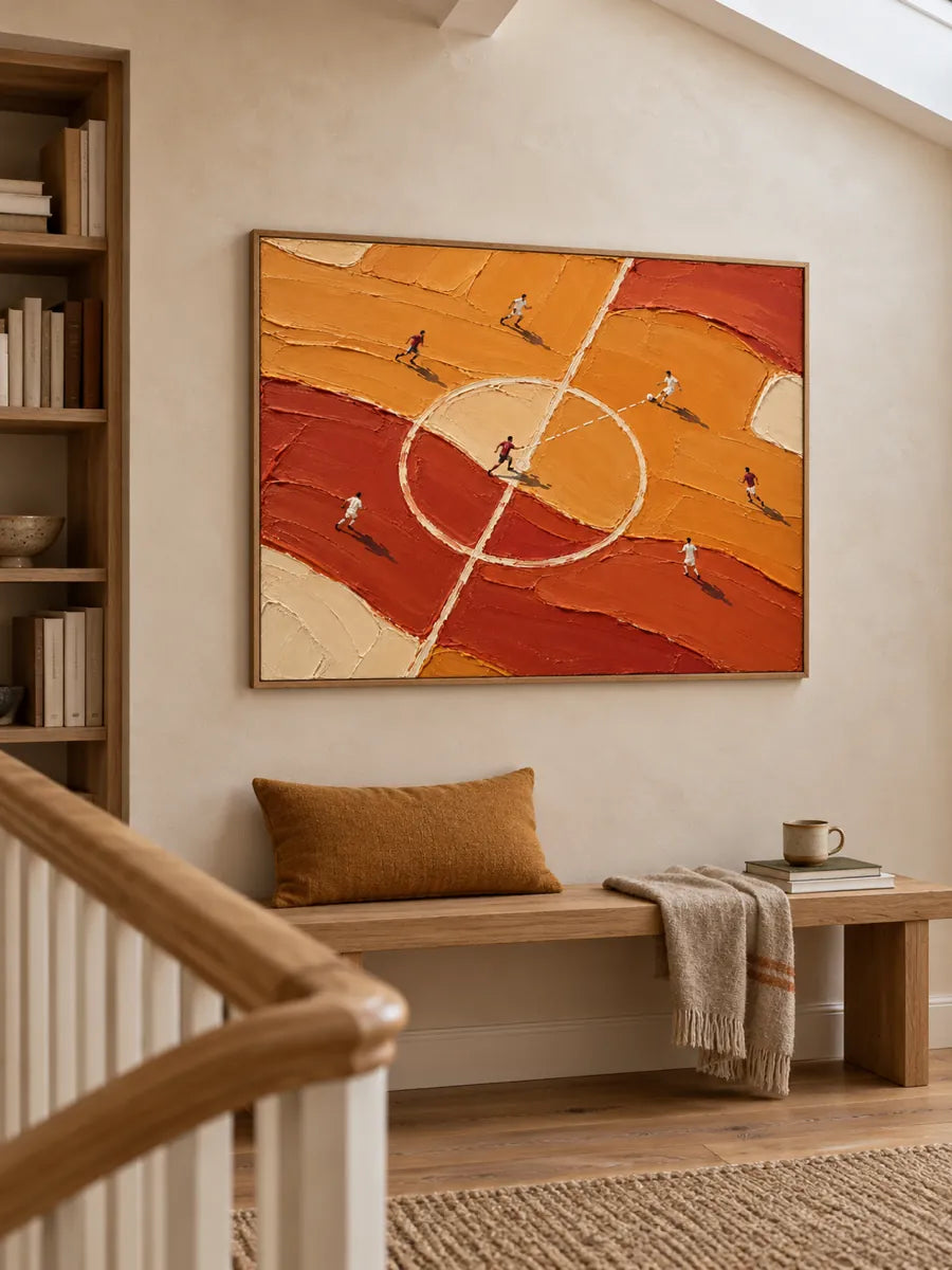 Hand-Painted Soccer Field Canvas Art With Thick Impasto Texture In Orange Tones