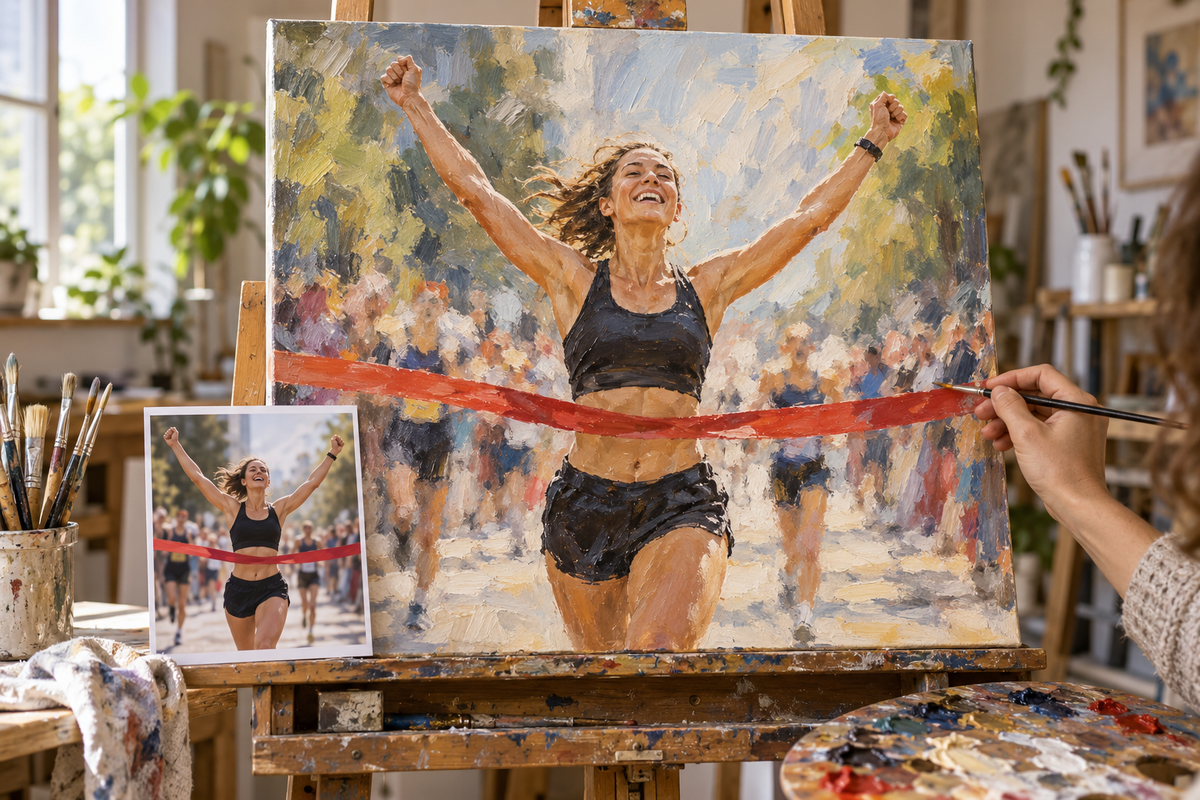 Illustration of an artist painting a runner from a reference photograph