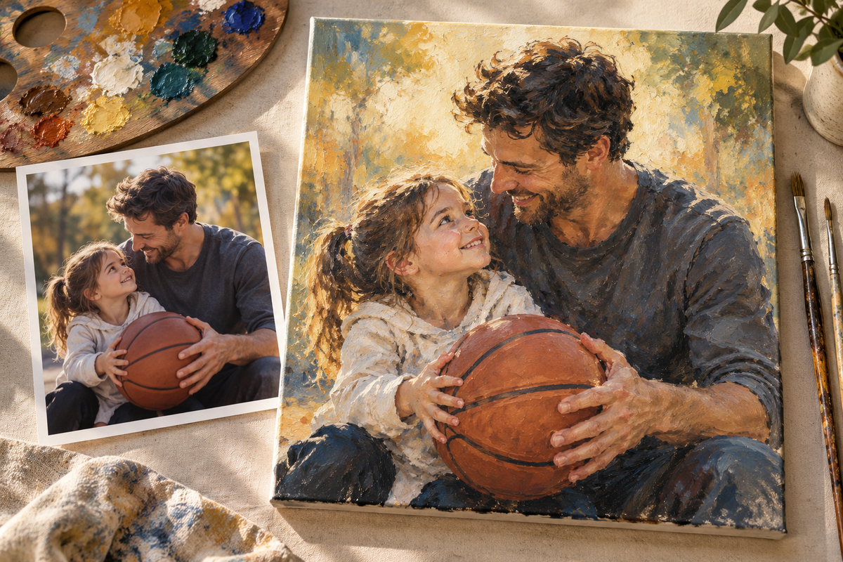 Illustrative comparison of a father and daughter basketball photograph and its hand-painted interpretation